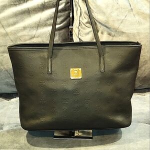 MCM MONOGRAM EMBOSSED BLACK/GRAY SMOOTH COWHIDE TWO-WAY TOTE / SHOULDER BAG EUC